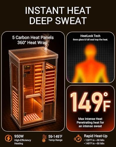 Mikolo 1 Person Far Infrared Sauna for Home | Ultra-Low EMF Indoor Dry Sauna | Solid Canadian Hemlock with 5 Carbon Heaters | Chromotherapy Light Therapy & Bluetooth for Wellness and Relaxation(Black) - Thumbnail 6
