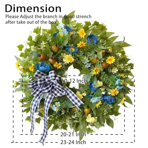 WANNA-CUL 24 Inch Year Round Spring Summer Wreaths for Front Door, Blue Yellow Floral Door Wreath with Pomegranates Daisy - All Season Decorative Wedding Wall Wreath Indoor Outdoor Farmhouse Decor - Thumbnail 6
