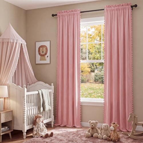 NICETOWN Blush Pink Velvet Curtains 96" Long with Cute Pom-Pom Trim for Living Room – Elegant Privacy Protection Drapes Light Filtering Window Treatments for Girls, 52" W x 96" L, 2 Panels - Thumbnail 3