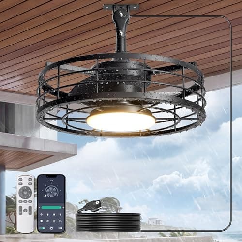 Phylluz Outdoor Ceiling Fan with Lights - 16'' Wet Rated Gazebo Fan Remote/APP Control, Caged Hanging Fan Plug and Play for Covered Patio Porch, Black - Image 1