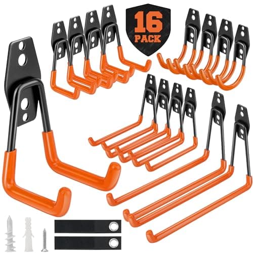 Nacial 16 Pack Garage Hooks Heavy Duty, Utility Steel Garage Storage Hook with 2 Extension Cord Storage Straps, Utility Garage Wall Mount Hooks for Hanging Bike, Ladder and Garden Tools, Orange - Image 1