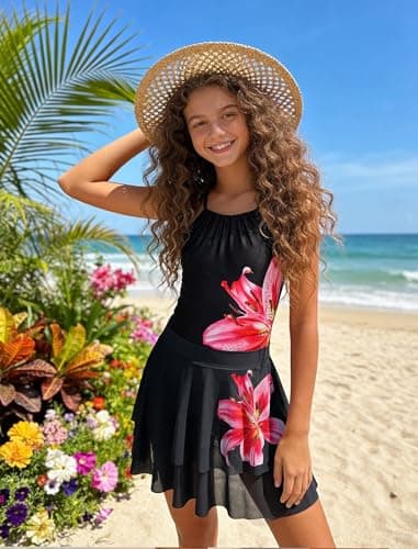 Seanrui Girls Swimsuits Size 10-12 Teen One Piece Swimsuit Tankini Bathing Suits with Skirt 2026 Adjustable Strap Swimwear - Thumbnail 3