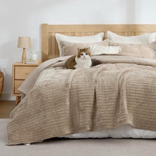 BEDELITE Velvet Quilt Set King Size, Luxury Velvet Comforter for All Season, Lightweight Soft Quilted Bedding Set, Striped Channel Oversized Bedspread Coverlet with 2 Pillow Shams, Taupe - Image 1