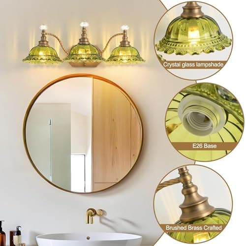 PUAMUBUA Vintage Bathroom Vanity Light Fixtures, 3-Light Brass Light Fixtures Over Mirror with Green Crystal Glass Flower Shade, Mid Century Farmhouse Wall Mount Lighting for Living Room, Kitchen - Thumbnail 2