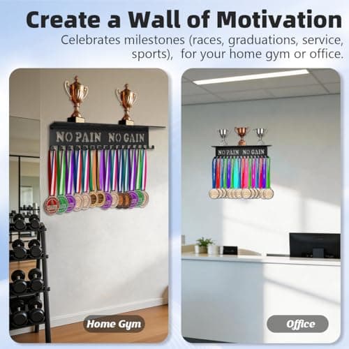 Bliocefo Medals Hanger Holder Display Steel Rack Hooks Wall Mount Frame Over 60 Medals-Sports Medal Hook Storage Organizer Never Give Up Ribbon with Easy Hanging Bars Black (No Pain No Gain Shelf) - Thumbnail 3
