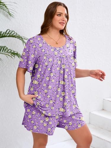 AusLook Women's Plus Size Pajama Sets Short Sleeve Top and Shorts Purple Chrysanthemum 2X Casual Comfy Soft Ladies Short Pajamas Set Loungwear Sleepwear Pjs Set 2 Piece Lounge Set with Pockets - Thumbnail 5