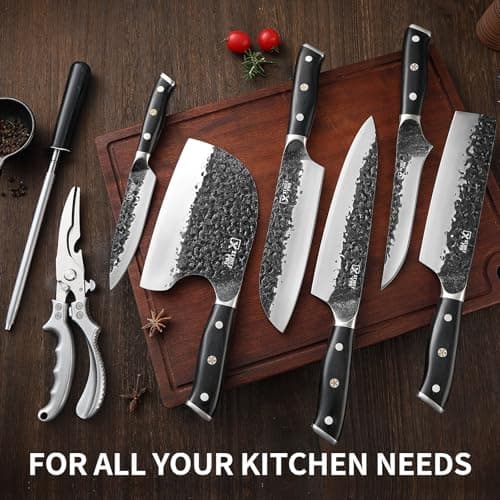 XCHIEF PRO Chef Knife Set, Hand Forged Meat Boning Carving Cleaver Butcher Knife, High Carbon Steel Japan Nakiri Santoku Knife Set with Accessories for Kitchen, BBQ Camping Knives Set with Bag - Thumbnail 2