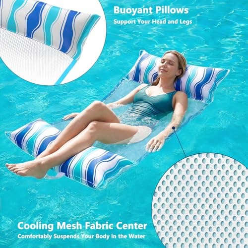Jasonwell Inflatable Pool Floats Adult - Fabric Pool Hammock Floaties Water Hammock Lake Beach Floating Lounger Chair Swimming Pool Noodles Mesh Party Floaty Toys Fun for Adults Heavy Duty (Blue) - Thumbnail 4