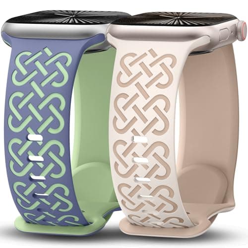 Minyee 2 Pack Engraved Bands Compatible with Apple Watch Band 38/40/41/42mm Women, Soft Silicone Two-Tone Celtic Sport Strap for iWatch Series 11 10 9 8 7 6 5 4 SE/Ultra 3 2 1,Cyan Blue/Lime+Starlight - Image 1