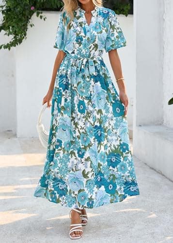 KIRUNDO Women Spring Summer Wedding Guest Boho Floral Maxi Dress Puff Sleeve Button Shirt V Neck Flowy Beach Vacation Dress(Blue Green, Small) - Thumbnail 3