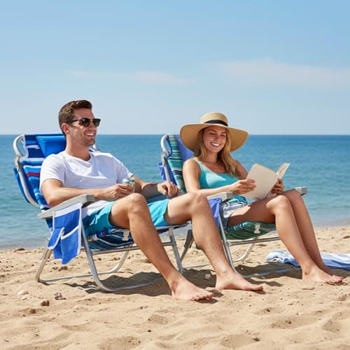 SUNNYFEEL Low Beach Chair 5 Position Lay Flat, Portable Folding Backpack Beach Chairs Heavy Duty with Cooler Bag, Cup Holder for Outdoor/Lawn/Picnic/Fishing, Foldable Camping Chair (New BlueStripe) - Thumbnail 2