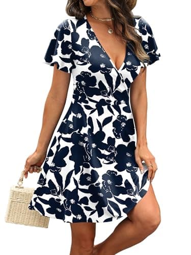 RUMIA Sundresses for Women 2026 Summer Beach Dresses Short Sleeve Empire Waist Dress Spring Clothes Floral Navy 02 S - Thumbnail 4