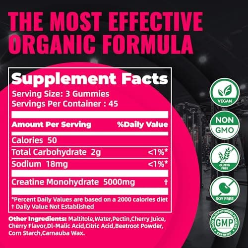 Natures Aid Creatine Monohydrate Gummies – Pre-Workout Energy & Muscle Growth Support for Men & Women | Cherry Electrolyte Gummies (135 Count) - Thumbnail 3
