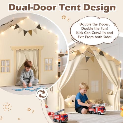 EagleStone 2-in-1 Kids Tent,Large Play Tent with Padded Mat and Lights,Kids Playhouse with 2 Doors & 4 Windows,2 Large Side Pockets,Indoor Outdoor Kid Play Tent for Toddlers,53" x40" x 51" - Thumbnail 2