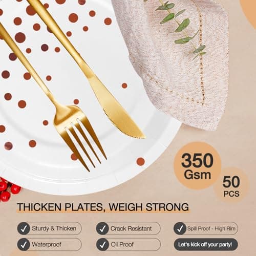 White Rose Gold Paper Plates for Party, 7" Thickened Gold Dot Disposable Plates(50pcs),Birthday Cake Dessert Plates for Indoor/Outdoor Party Supplies&Decoration, Ideal for Birthday,Wedding,Baby Shower - Thumbnail 3