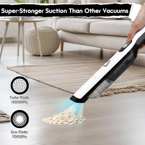 Handheld Cordless Vacuum Cleaner, Portable Car Vacuum with 18KPa Suction Power, Quick-Charge Hand Vac with LED Headlight & Storage Dock for Home Office Desk Keyboards Pet Hair, White - Thumbnail 3