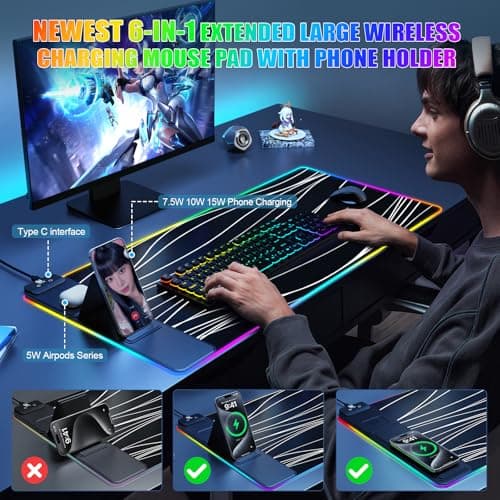 Mouse Pad with Phone Holder, Wireless Charging Desk Mat, RGB Gaming Mousepad Home Office Large Desk Pad with Ultra-Smooth Surface, Non-Slip Base, Waterproof Keyboard Pad,Wavy Black - Thumbnail 3