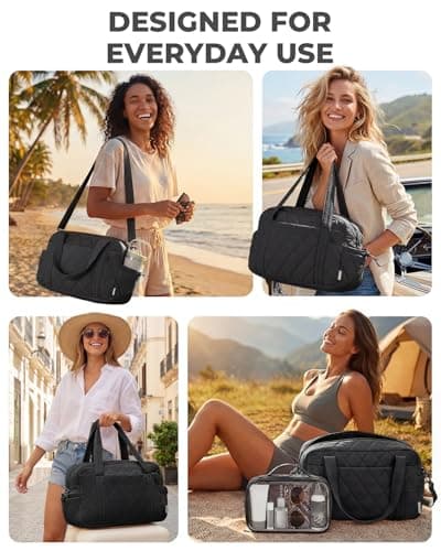 Percover Gym Bag for Women, Lightweight Quilted Travel Duffle Bag & Weekend Bag, Carry On Gym Duffle with Organized Compartments for Yoga & Short Trips, Black - Thumbnail 5