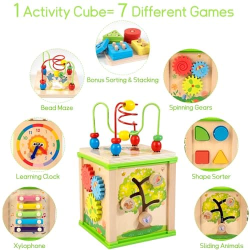 WOODMAM Wooden 7-in-1 Activity Cube| Montessori Toys for 1 Year Old Toddlers| Baby Educational Developmental Toys |One Year Old Boys Girls First Birthday Gifts |Bonus Sorting & Stacking Board - Thumbnail 2