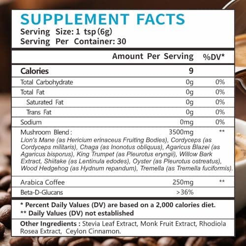 Pureverve Mushroom Coffee, Organic10 Mushroom Extract Powder Blend Lion's Mane, Reishi, Chaga, Cordyceps, Turkey Tail 30 Servings - Thumbnail 3