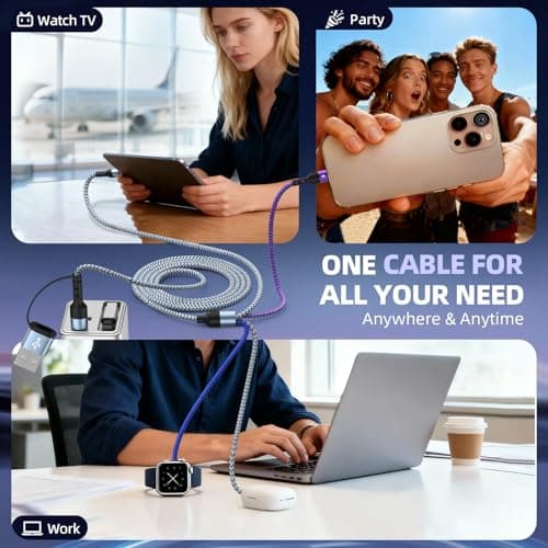 Jogrytece Multi Charging Cable for iWatch Charger, 5FT 2Packs 4 in 2 Chargers for Multiple Devices, Travel Essentials USB A&C/Dual Type-C/IP Cord Compatible with iWatch/iPhone 17-11/Car - Thumbnail 3