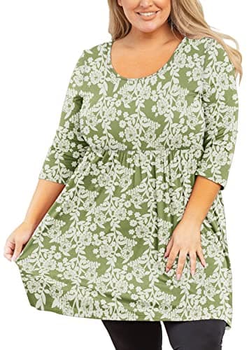 AusLook Plus Size Tunic Tops for Women 3/4 Sleeve Green Roses 3X Blouses Crewneck Clothes Pleated Clothing Flowy Babydoll Summer Fall Winter Maternity Shirts - Image 1
