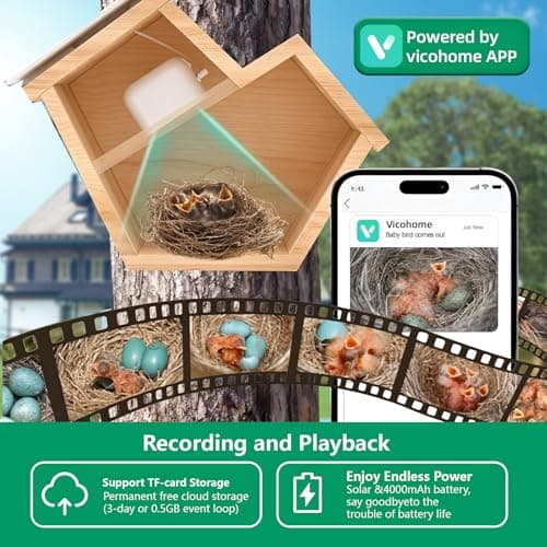 Bird House with Camera Solar Powered,2K HD & Night Vision for AI Camera Recognition for Over 10,000 Species, Real-time Videos & Pictures,Auto Detect & Notify Birdhouse Kit for Bird Lovers (Black) - Thumbnail 5