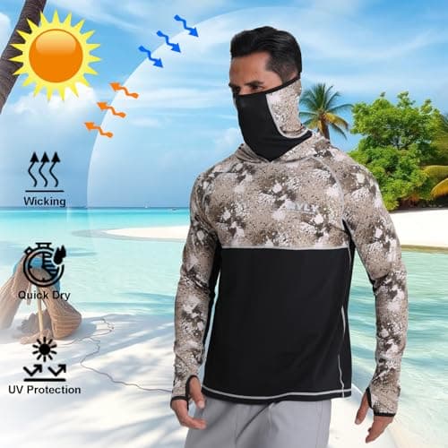 Men's Fishing Shirts with Mask Cap Sun Protection Hoodie Rash Guard Shirts Long Sleeve UPF 50+ Hiking Shirt(M) Khaki - Thumbnail 4