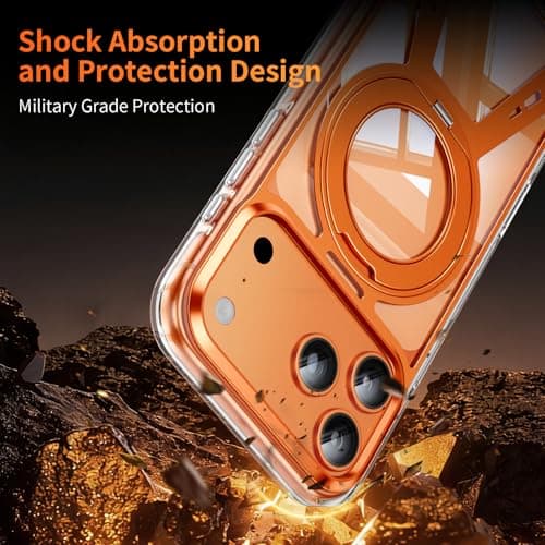 for iPhone 17 Pro Max Case with Stand, Magnetic iPhone 17Pro Max Case 360 Rotatable Ring Stand Compatible with MagSafe Mil-Grade Shockproof Aluminum Metal 17 Pro Max Case Translucent Slim Cover Orange - Thumbnail 4