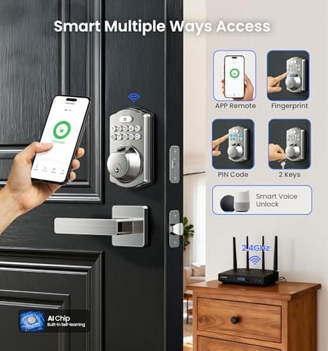 Veise VE012W-L Built-in Wi-Fi Fingerprint Smart Lock with Lever Handle Set, App Remote Control, Keyless Entry for Front Door, Deadbolt Digital Backlit Keypad, Voice Assistant, Auto Lock, Satin Nickel - Thumbnail 2