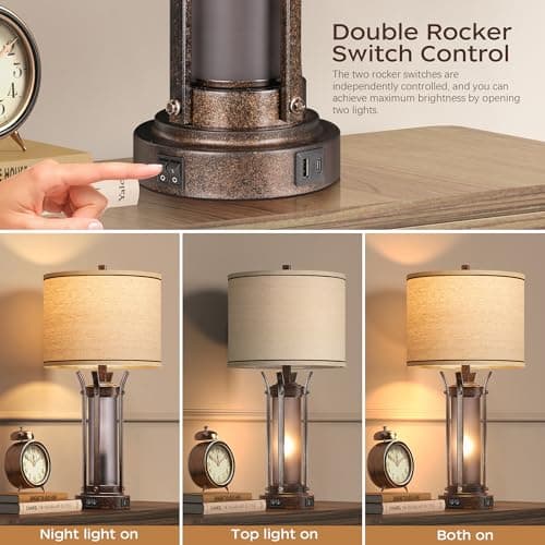 QiMH Farmhouse Table Lamps for Living Room, Rustic Beside Lamps for Bedroom with USB A+C Charging Ports, Nightstand Lamp with Frosted Glass Night Light for Home Decor, 4 Bulbs Included (Bronze) - Thumbnail 2