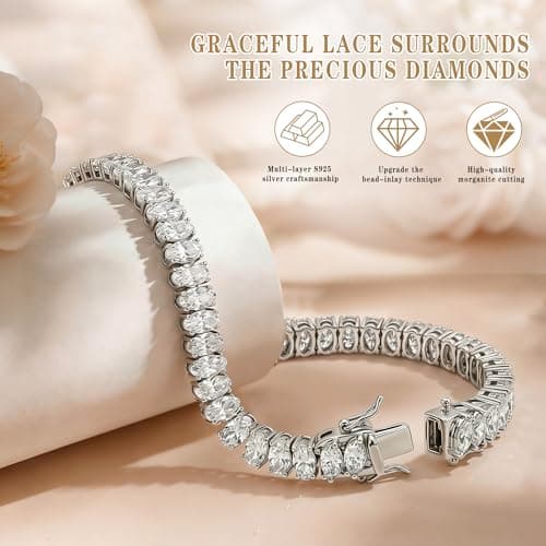 Moissanite Tennis Bracelet For Women, 7.5Ins Women's Tennis Bracelets,Marquise Cut D-Color VVS1 Platinum Plated Silver Bracelet,Hypoallergenic Bezel , Ice Crystal Sparkling,Exquisite Jewelry,with Gift Box,Ideal Gift for Wife/Her (7.5 Inches) - Thumbnail 3