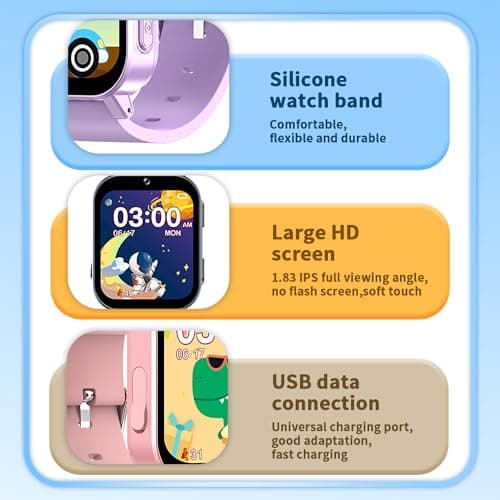 T TICCI Kids Smart Watch for Boys Girls - 1.83" HD Touch Screen, 500mAh Long Battery, Fast Type-C Charging, Games Camera Music Pedometer Torch, Educational Toys for Ages 4-12 Birthday Gift (Pink) - Thumbnail 3