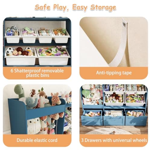 VortinT 50.6" W Large Toy Storage, Kids Toy Organizer Shelf with Stuffed Animal Zoo, 6 Plastic Bins, 3 Rolling Boxes, Wooden Toddler Toy Bookshelf Organization Shelves for Kids Room, Bedroom (Blue) - Thumbnail 4