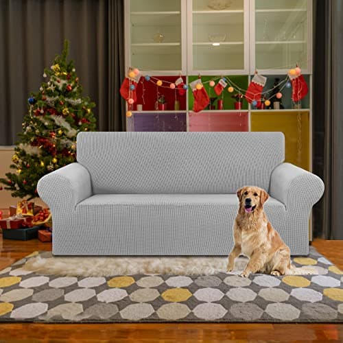 KEKUOU Stretch Loveseat Sofa Cover Slipcover,Couch Covers for 2 Cushion Couch Sofa (55"-78") Furniture Protector Sofa with Elastic Bottom for Kids,Dog. Jacquard Small Checked (Medium,Silver) - Thumbnail 2