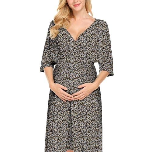 Nursing Dresses Breastfeeding Dress for Women - V Neck Maternity Nursing Dress Flowy Boho Floral Vacation Dress Black - Thumbnail 2