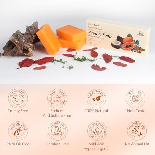 PALFICAB Papaya Soap for Face & Body, Natural Gentle Exfoliation Soap for All Types – Reduce Acne, Cleanse Scars & Blackhead – with Papaya, Coconut Oil & Shea Butter, Purple Foaming Net, 3 Bars - Thumbnail 5