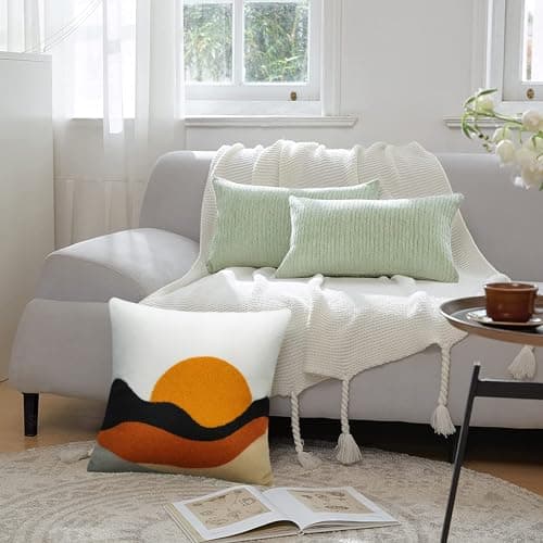 Pyonic Boho Abstract Throw Pillows,18x18 Bohemian Mid-Century Decorative Throw Pillow Covers,Modern Sunrise Square Cushion Cover for Sofa Bedroom Living Room（Only 1Pcs Pillow Covers） - Thumbnail 6