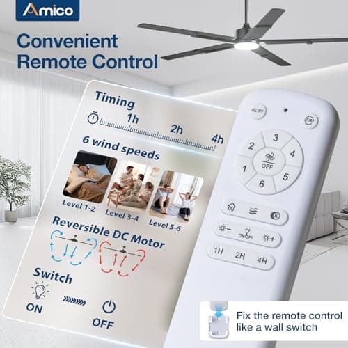 Amico 62 Inch Ceiling Fans with Lights and Remote, Black Indoor/Outdoor Ceiling Fan with 6 Speed, Reversible DC Motor, 3CCT, Dimmable, Noiseless modern ceiling fan for Bedroom, Living Room, Patio - Thumbnail 3