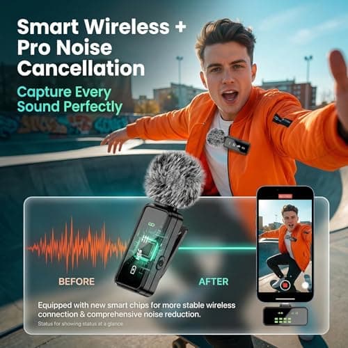 Wireless Lavalier Microphone, 12H Lapel Microphone with Digital Display & Smart Noise Cancellation, Mini Clip On Mic for iPhone Android Type-C, Recording Mic for YouTube TikTok Vlog Podcast Interview - Thumbnail 2