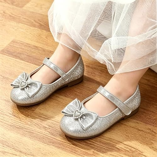 BOGELOO Toddler Girls Flats Mary Jane Flower Girls Dress Shoes School Wedding Party Shoes(Silver,9) - Thumbnail 2