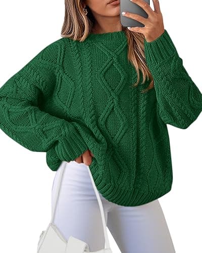 BTFBM Casual Women Long Sleeve Sweater 2025 Fall Ribbed Knit Pullover Loose Crewneck Cable Sweater Jumper Tops(Dark Green,Large) - Image 1