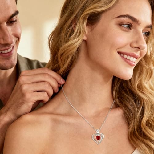 JACUPO Heart Birthstone Silver Necklace for Women(01/07 - Ruby) - Thumbnail 2