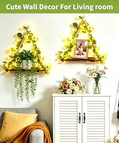 Macrame Hanging Shelf for Wall Decoration with Eucalyptus Lighted Garland,2 Pack Boho Hanging Shelves&Greenery Eucalyptus Garland with Lights for Bedroom Living Room Boho Wall Décor, Wedding Décor - Thumbnail 2