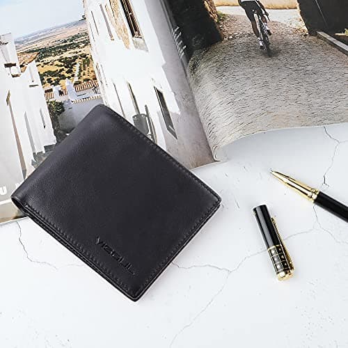 VISOUL Mens Bifold Wallet with 2 ID Windows and 2 Money Compartments, Genuine Leather Designer Wallet with RFID Blocking for Men Two Tone (Black and Burgundy) - Thumbnail 6