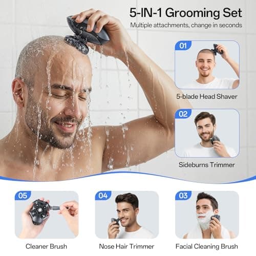 Electric Razor for Men, Head & Body Hair Shaver for Men, Cordless Rechargeable Wet/Dry Bald Head & Groin Waterproof Razor with Rotary Blades,Clippers, Beard Trimmer,Nose Trimmer, Brush (Gray) - Thumbnail 5