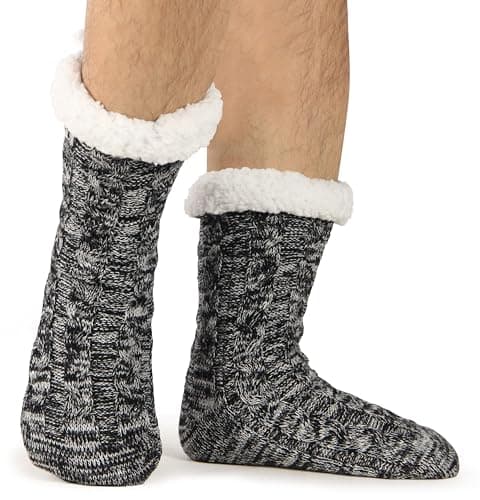 BenSorts Mens Fuzzy Slipper Socks with Grippers Indoor Lined House Home Cozy Socks Christmas Gift Stocking Stuffers 2 Packs Gray Multicolor - Thumbnail 4