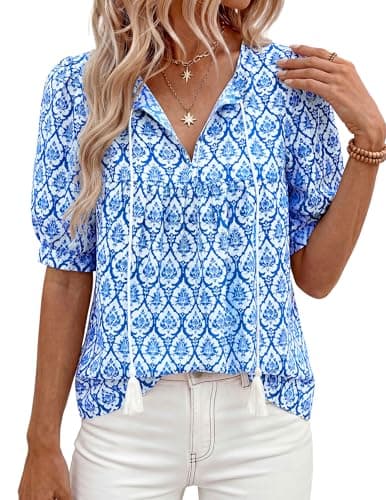 PRETTYGARDEN Womens Summer Boho Tops 2026 Tie Front V Neck Print Loose Fit Short Sleeve Peasant Blouses Vacation Outfits(Floral Blue,Large) - Image 1