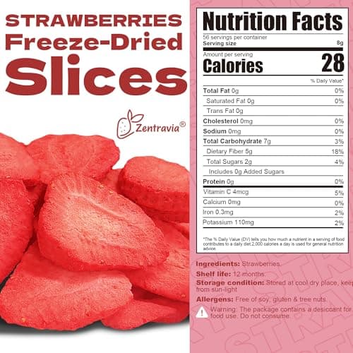 16 oz Freeze Dried Strawberry Slices (Pack of 1) | Sugar Free & No Additives Dehydrated Strawberries for Smoothies, Yogurt, Cereal & Baking, Crispy Dry Fruit Snacks Perfect for Travel, Hiking, Lunch Boxes - Thumbnail 2