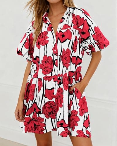 PRETTYGARDEN Womens Summer Dresses 2026 Casual Puff Sleeve Button Down Mini Shirt Dress Boho Floral Babydoll Sun Dress(Red,X-Large) - Thumbnail 6